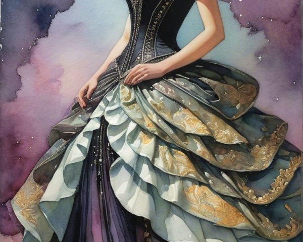 Watercolor Illustration of Elegant Woman in Dramatic Gown