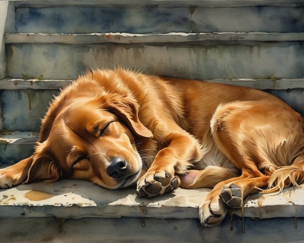 Golden Retriever Sleeping on Weathered Stairs