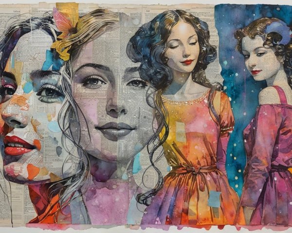 Vibrant Watercolor Artwork of Four Women with Text Background