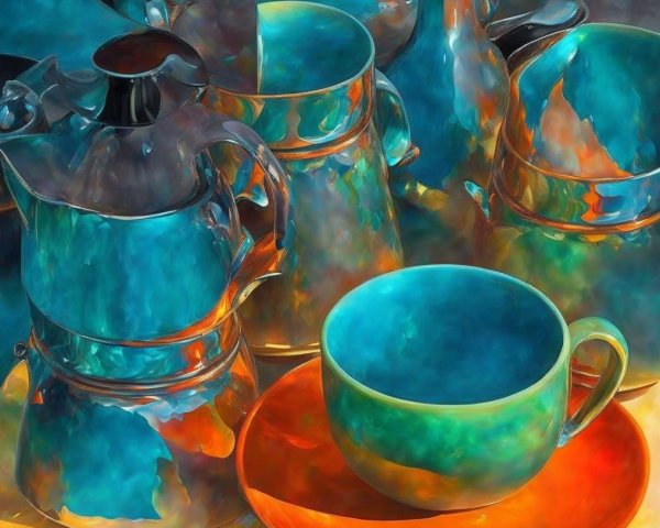Colorful Ceramic and Metallic Teapots and Cups Display