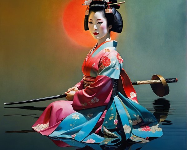 Serene Geisha in Vibrant Kimono on Water Surface
