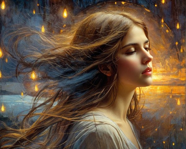 Serene profile of a girl with lantern-lit twilight sky