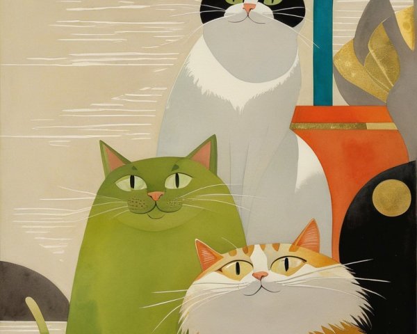 Whimsical Illustration of Colorful Playful Cats