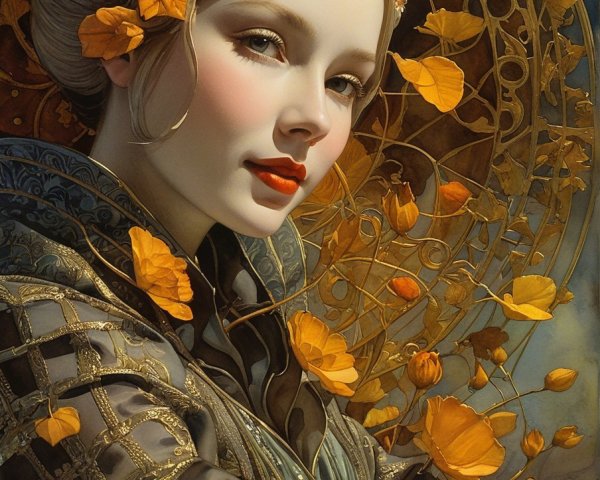 Close-up of a woman with leaves and golden flowers