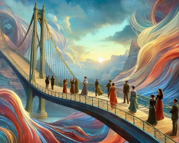 Surreal Landscape with Colorful Bridge and Figures