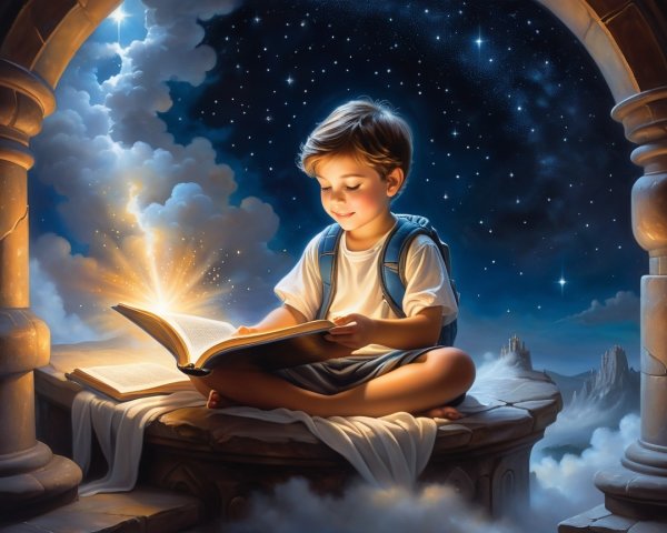 Young Boy Reading on a Stone Balcony at Night