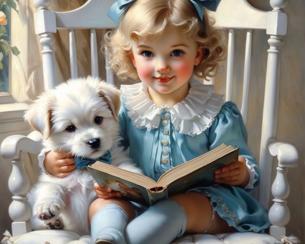 Young girl reading with puppy in cozy rocking chair