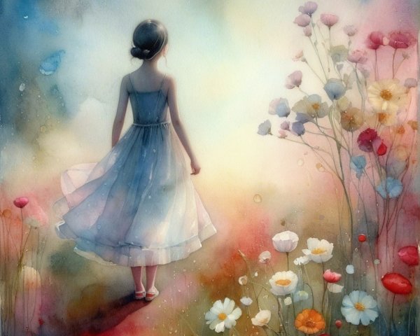 Watercolor Painting of a Girl Walking Through Wildflowers