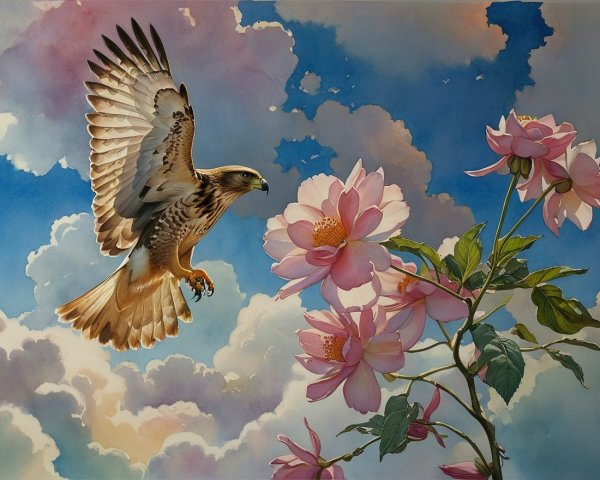Hawk Soaring Above Blooming Pink Flowers and Blue Sky