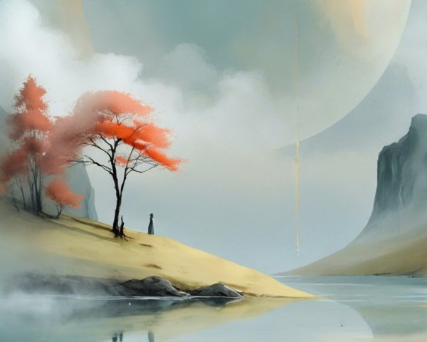 Serene Landscape with River and Distant Planet Reflection