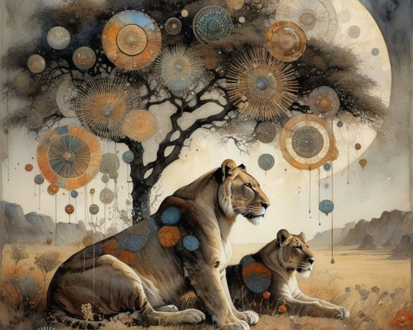 Lions Relaxing Under Mandala Tree in Savannah Scene