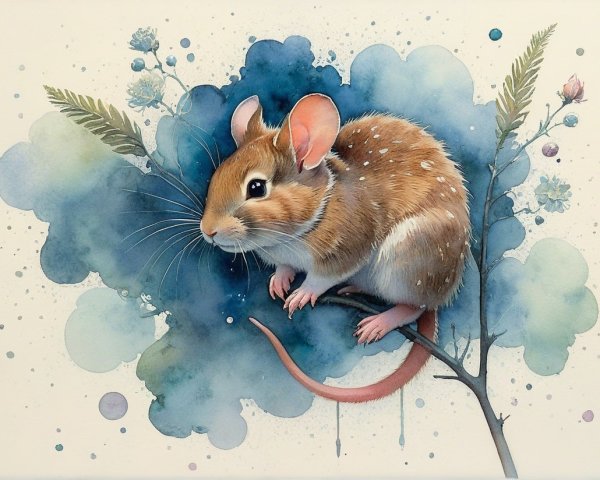 Illustration of a mouse on a branch with watercolor splashes