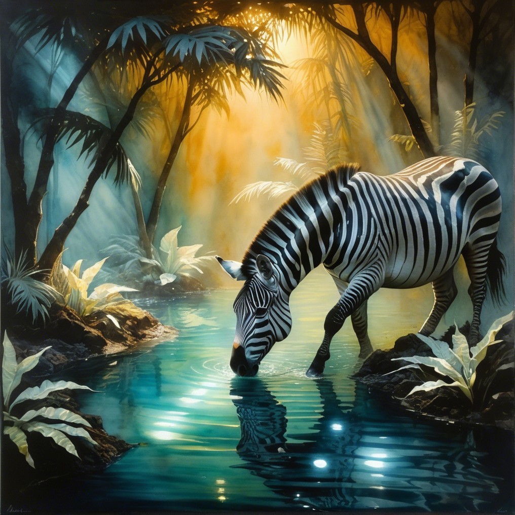 Zebra by Tranquil Pool in Lush Jungle Setting