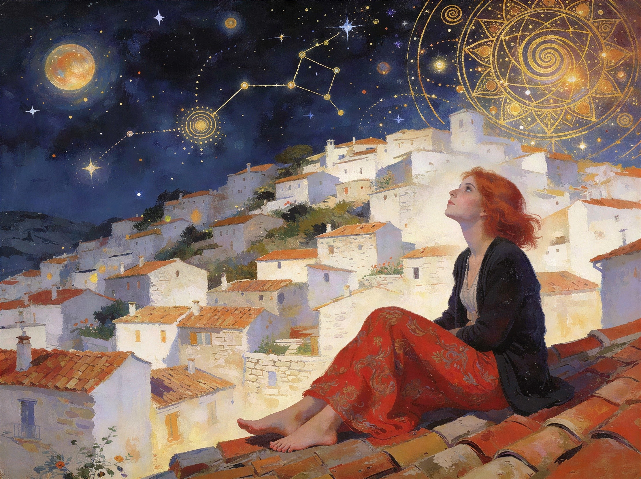 Young Woman with Red Hair Gazing at Night Sky