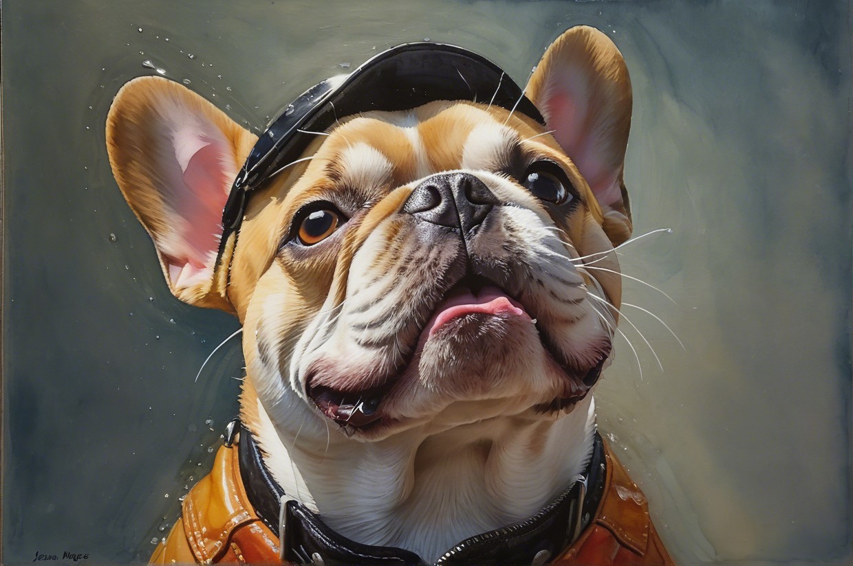 French Bulldog in Cap and Leather Jacket Portrait