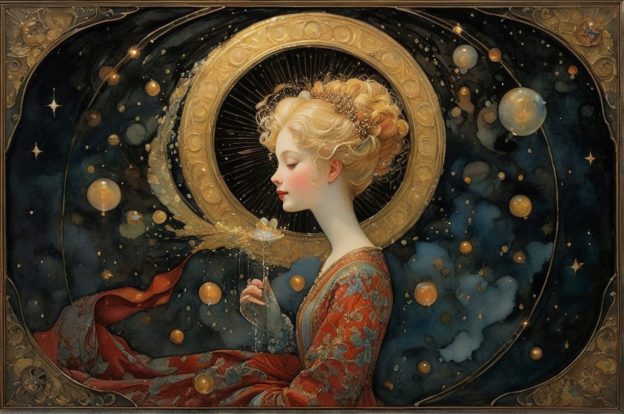 Serene Woman in Gown with Celestial Background