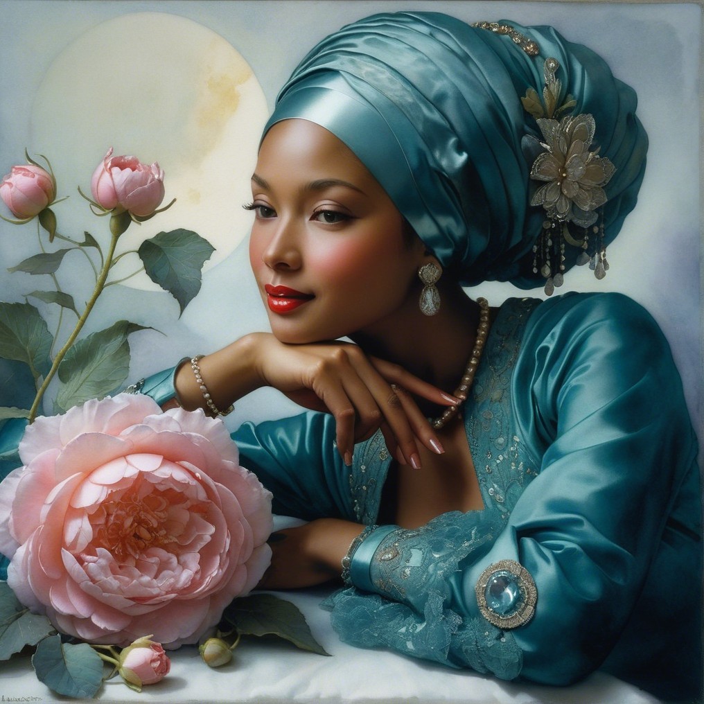Serene Woman in Turquoise with Pink Peony and Moon