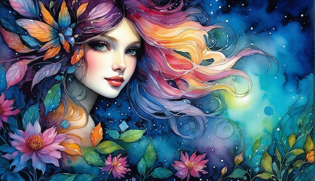 Vibrant Portrait of a Woman with Cosmic Hair and Nature