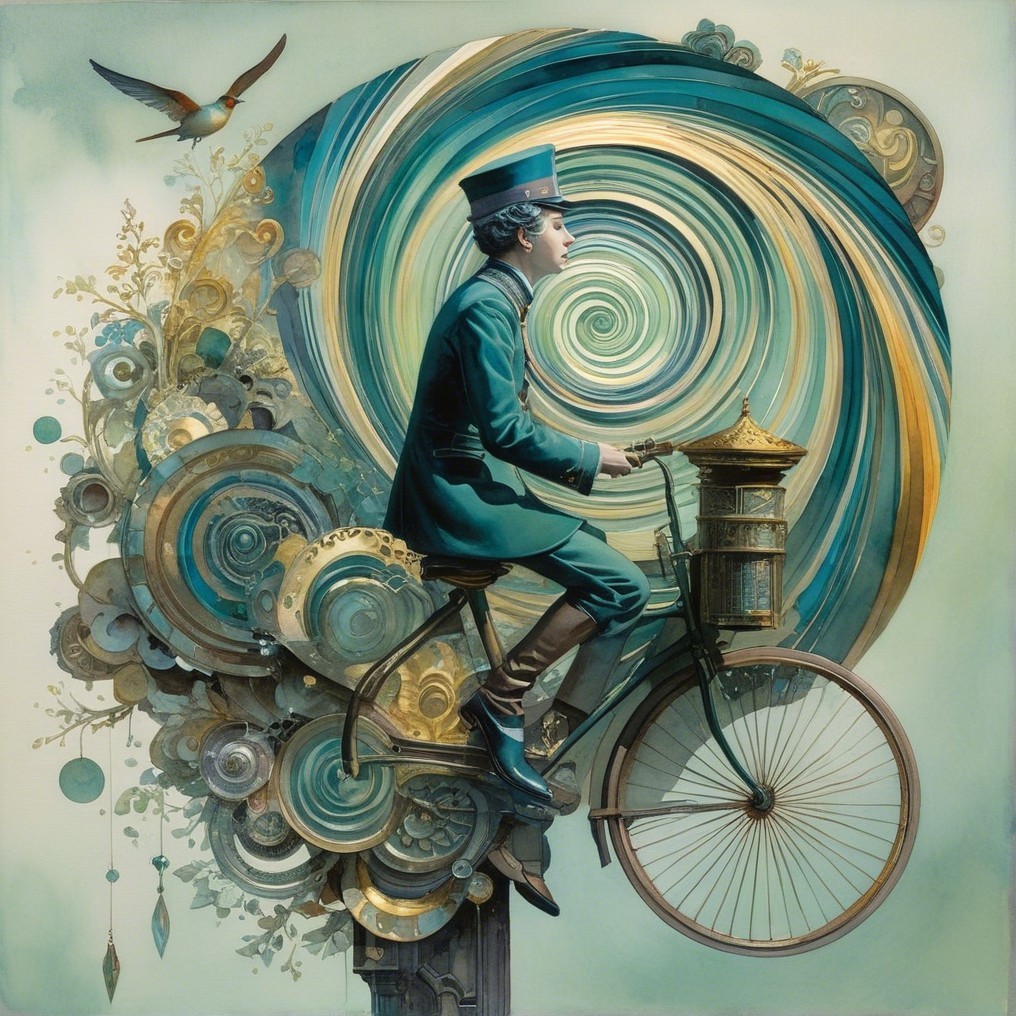 Whimsical Postal Worker on Vintage Bicycle with Gears