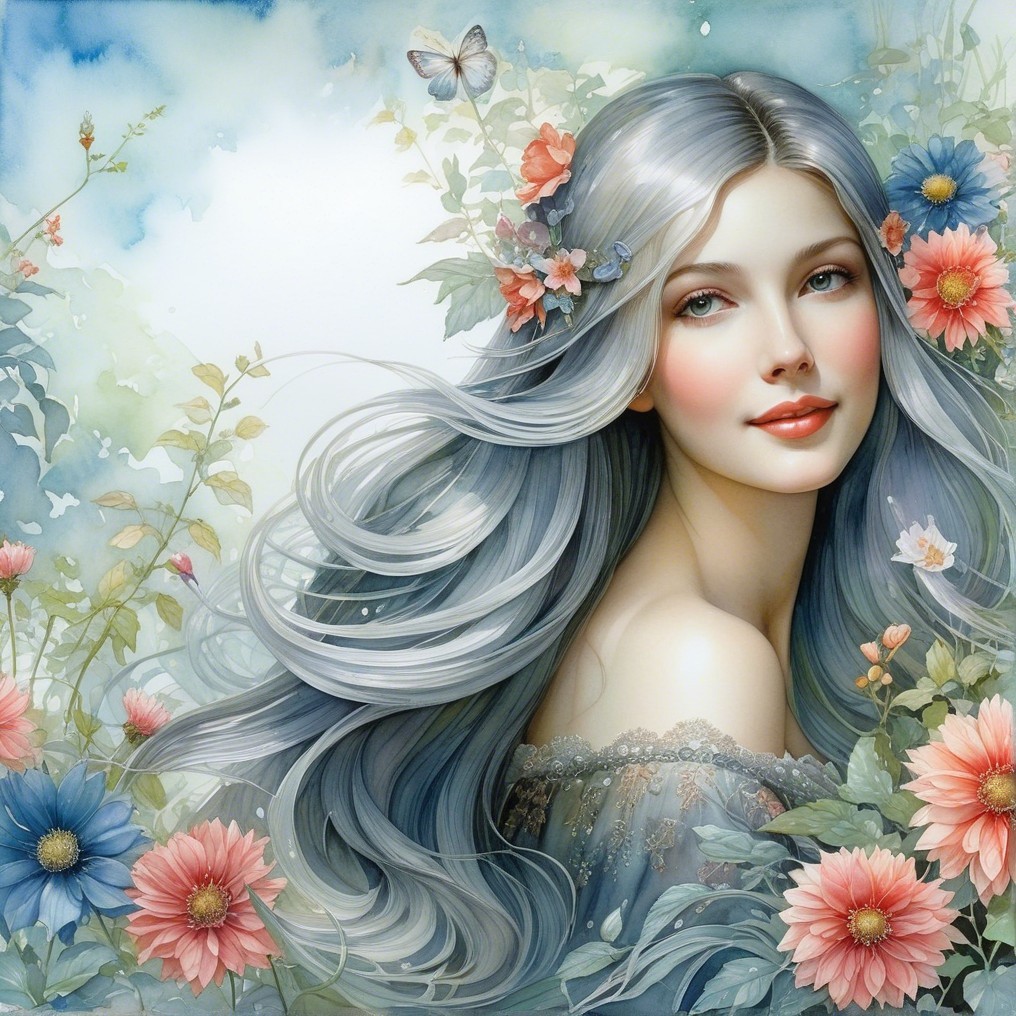 Serene Young Woman with Silver Hair and Flowers