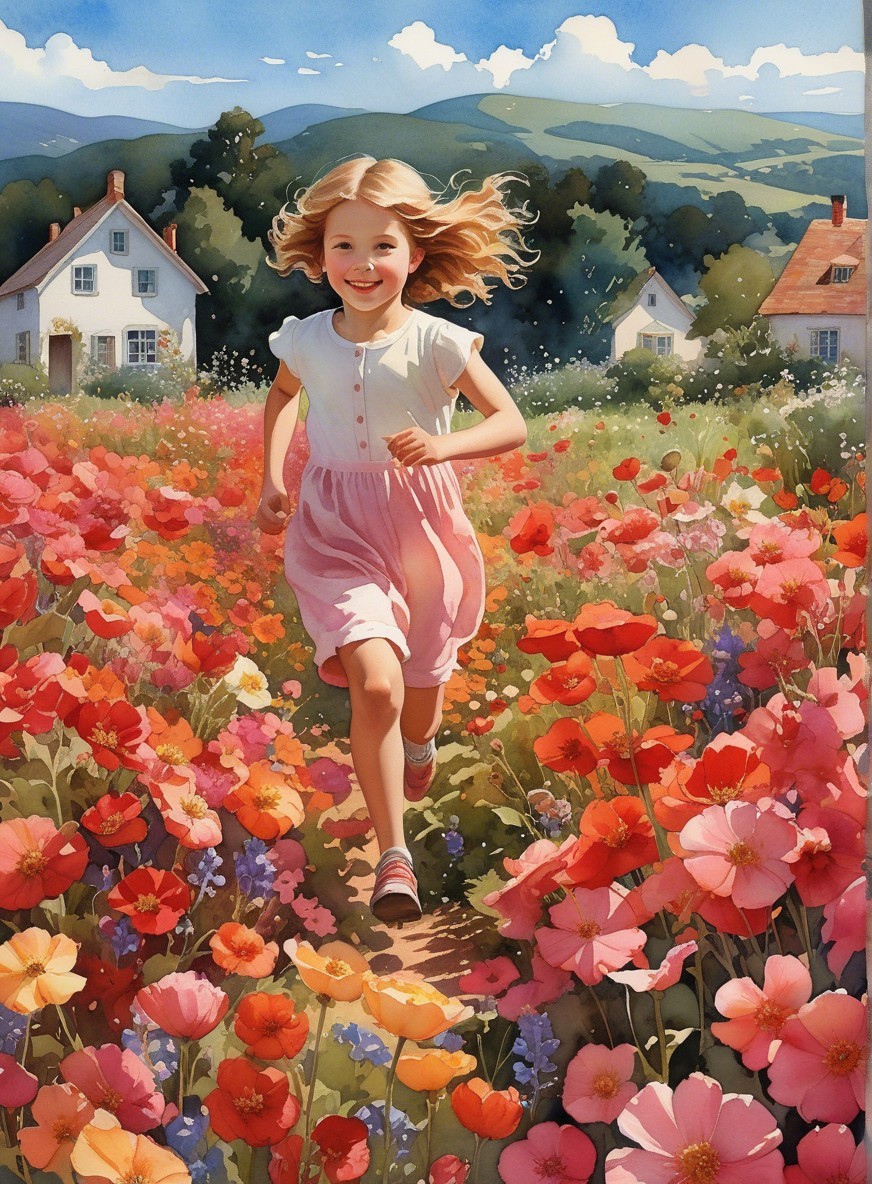 Young girl running in a colorful flower field