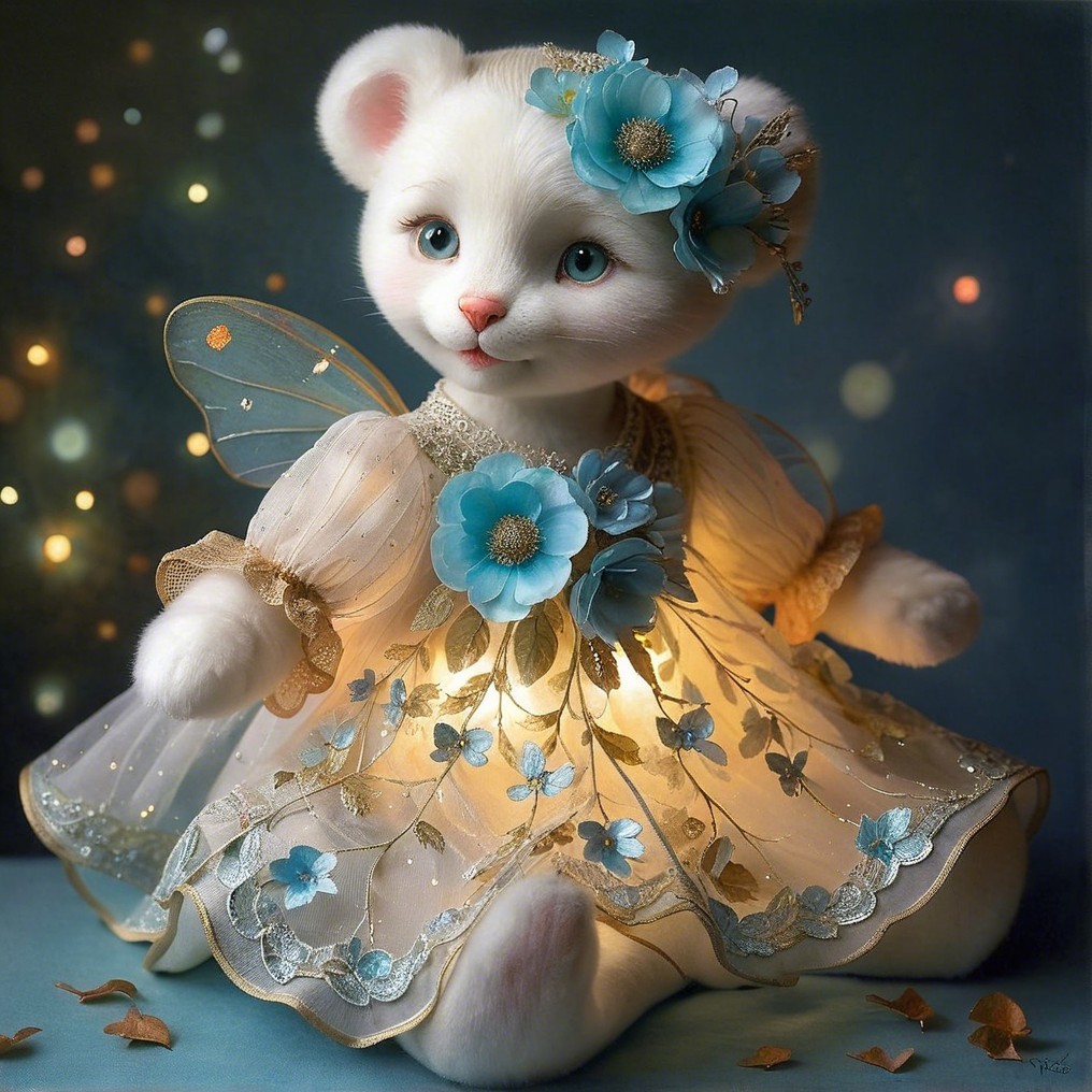 Whimsical White Bear in Floral Dress with Butterfly Wings