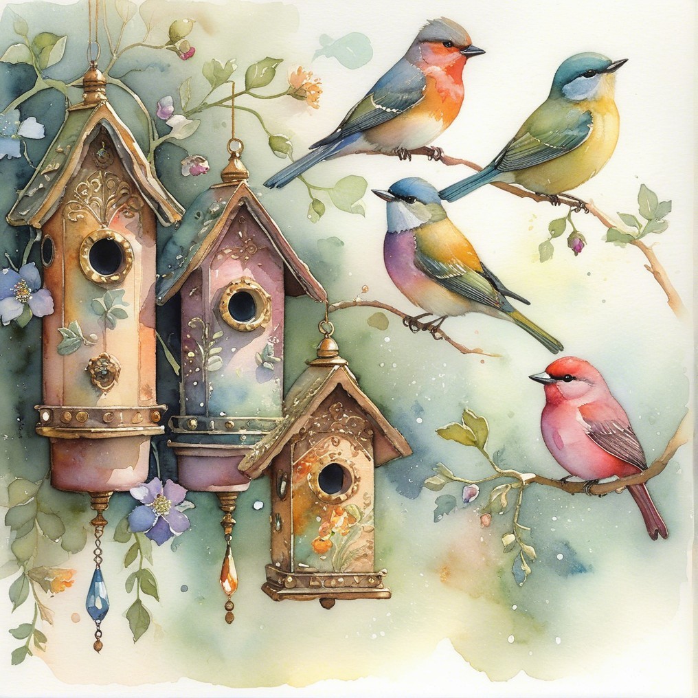 Colorful Birdhouses and Birds in Watercolor Illustration