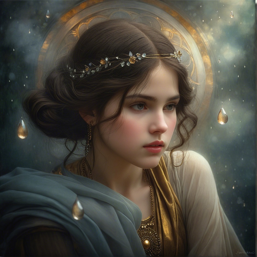 Young woman in elegant gold and blue attire with glow