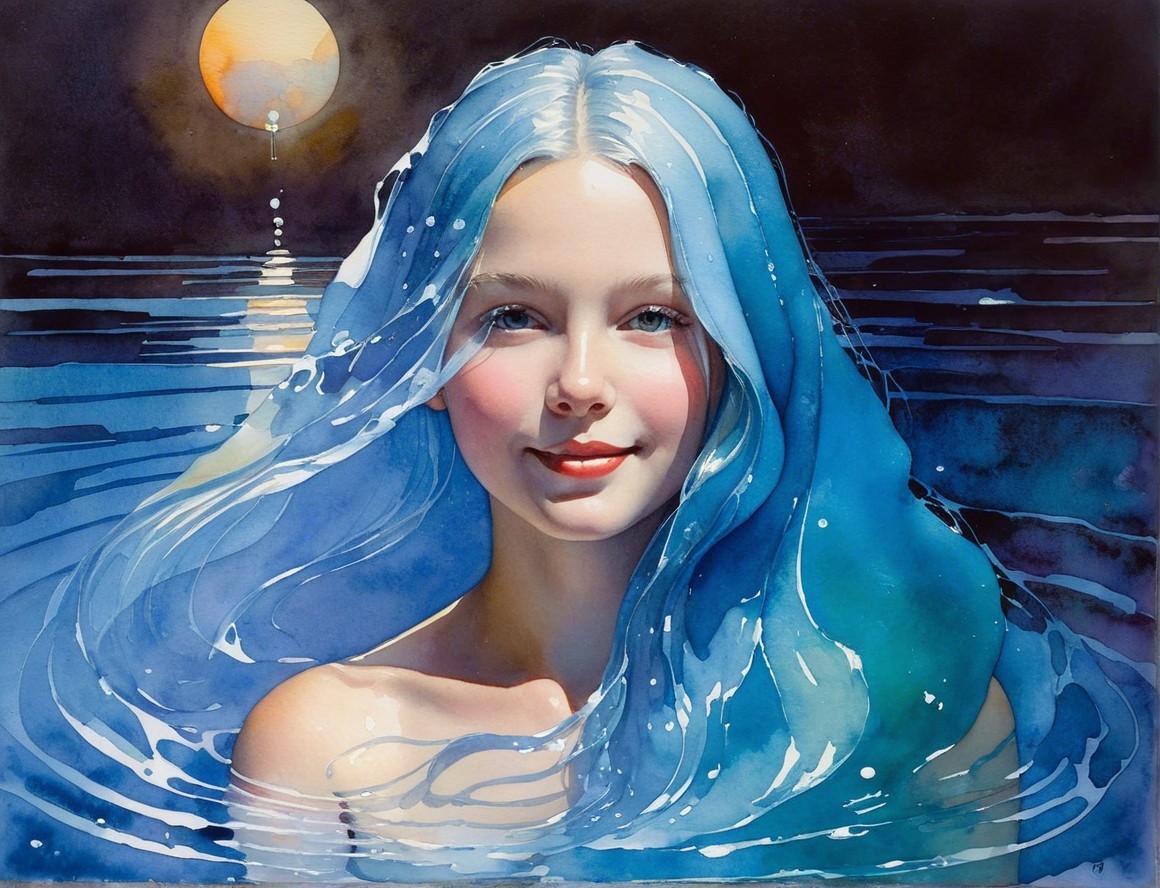 Serene figure in tranquil waters with luminous moon