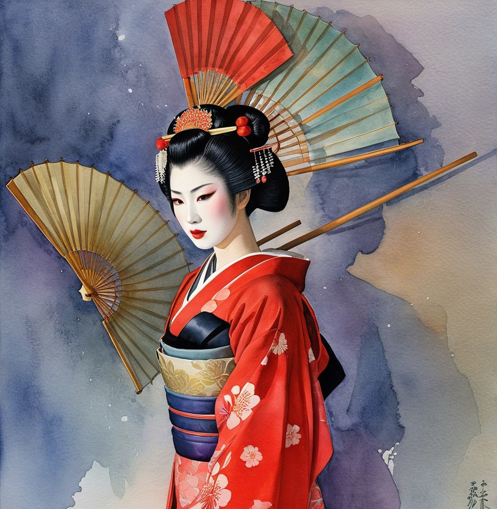 Graceful Geisha in Red Kimono with Folding Fans