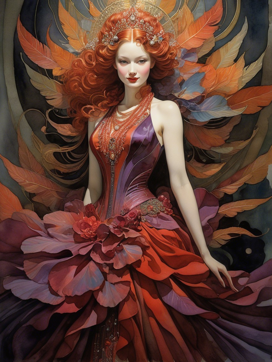 Vibrant Gown and Fiery Hair in Ethereal Setting