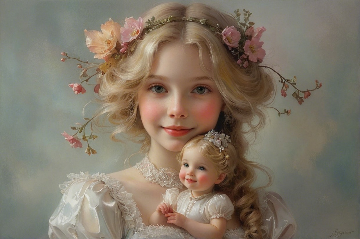 Young girl with blonde hair and flower-adorned doll