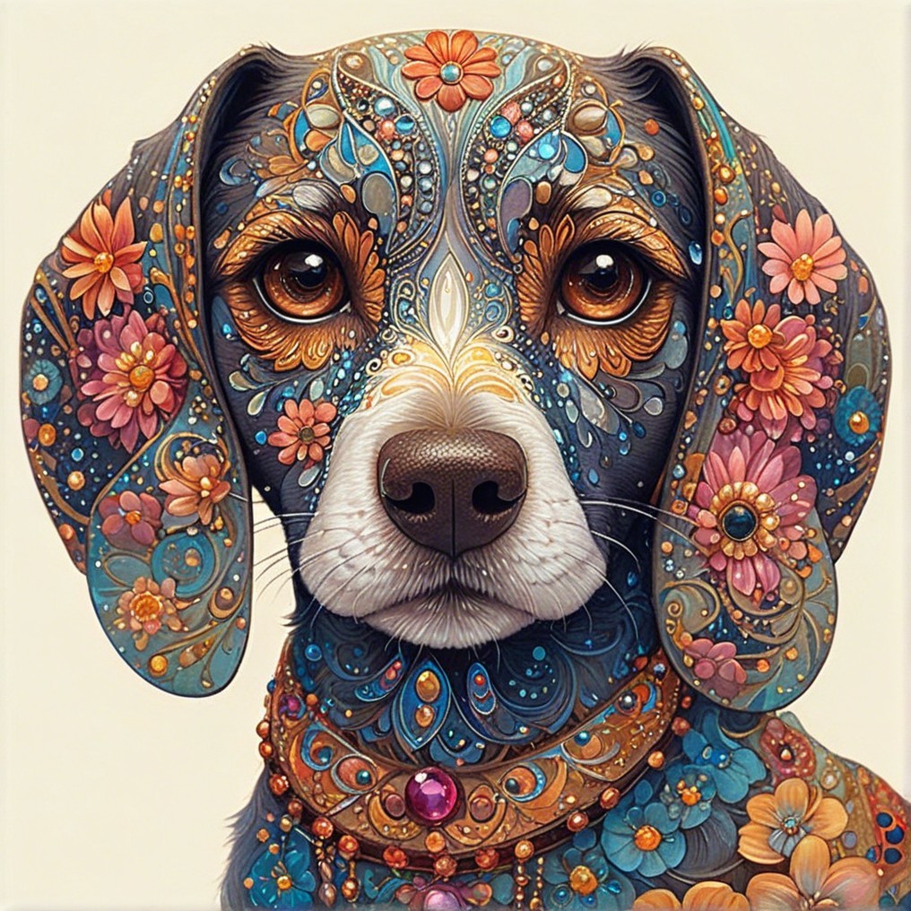 Adorned Dog with Floral Patterns and Vibrant Colors