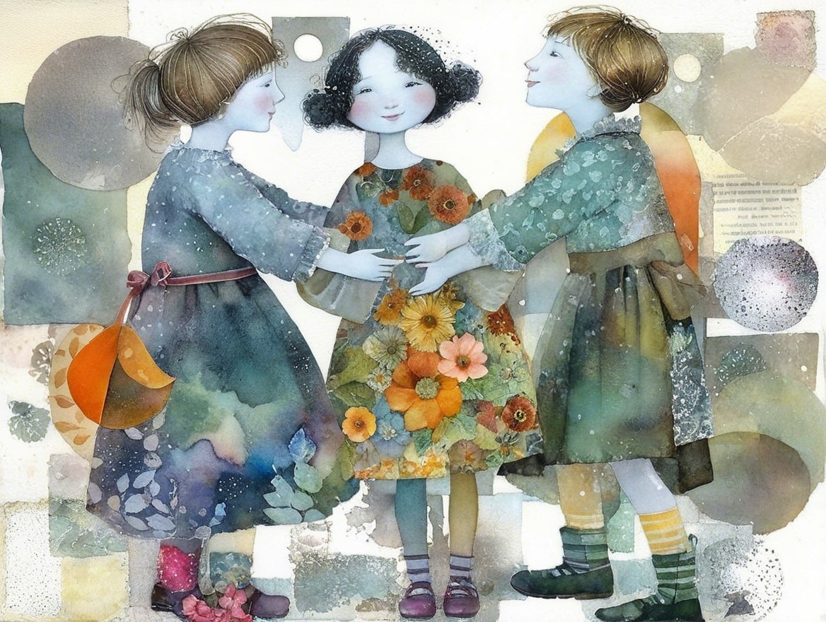 Whimsical Illustration of Three Girls in Floral Dresses
