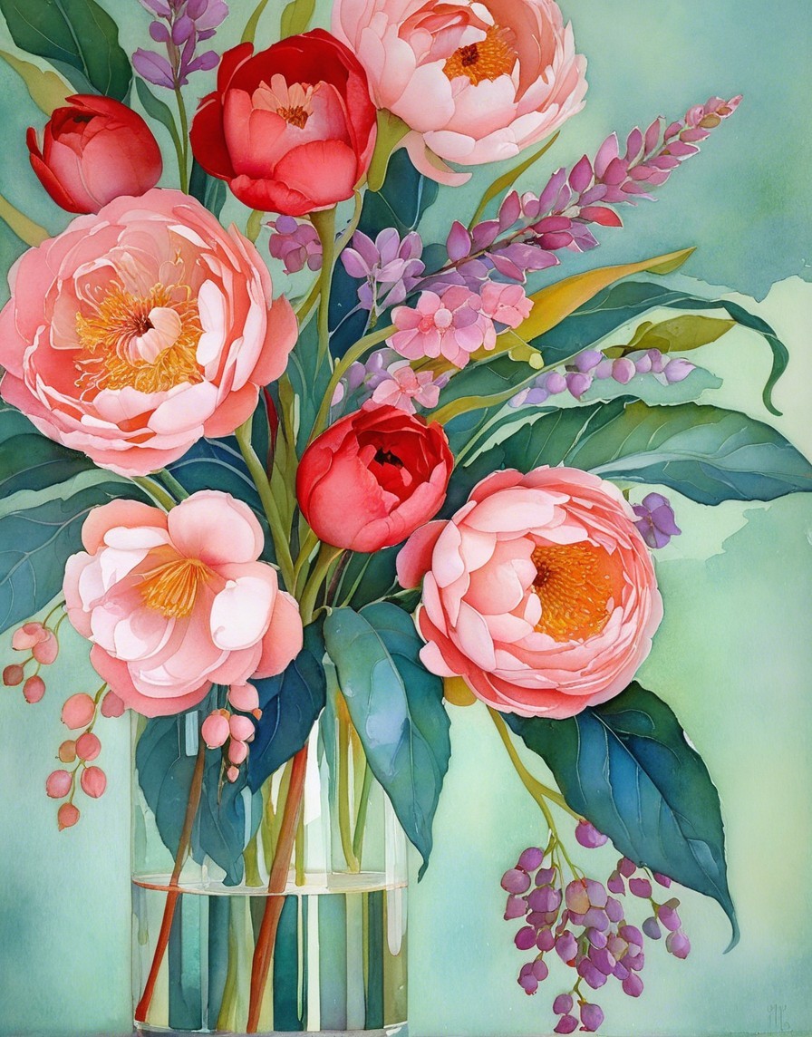 Vibrant Bouquet of Peonies and Purple Flowers