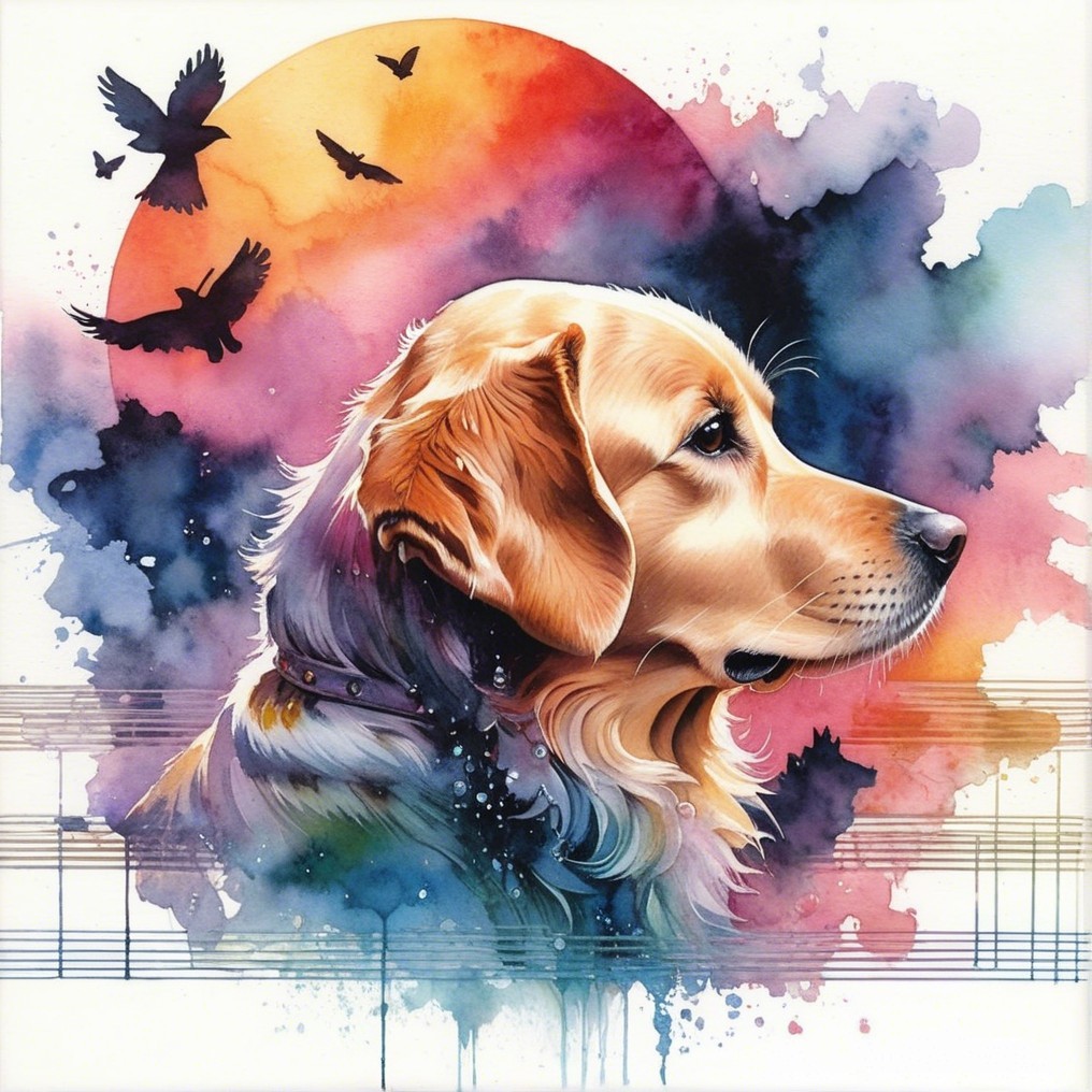 Golden Retriever Against Colorful Sunset and Watercolors
