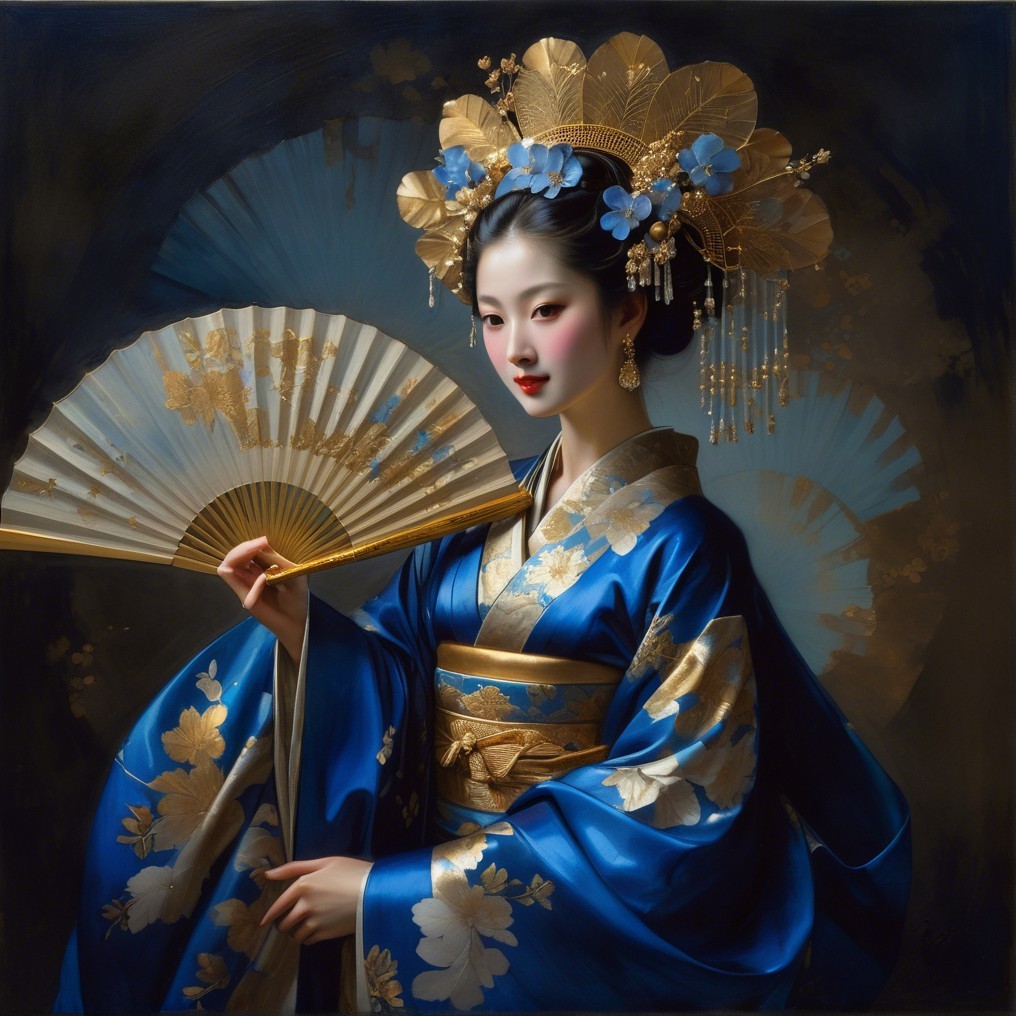 Elegant Woman in Blue Kimono with Floral Patterns