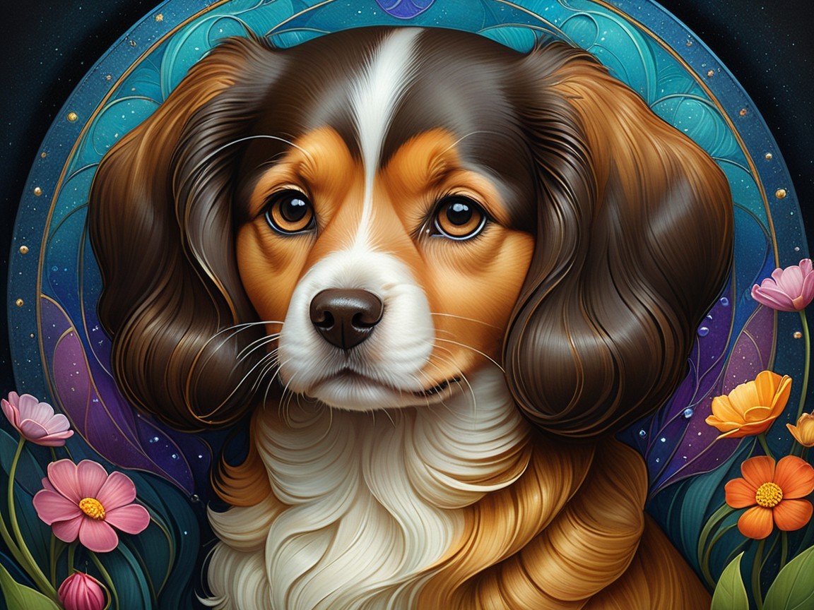 Illustrated Portrait of a Dog with Floral Background