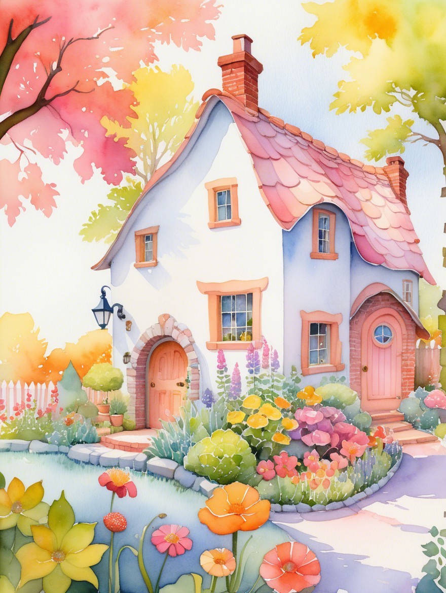 Charming Cottage Surrounded by Colorful Flowers and Trees