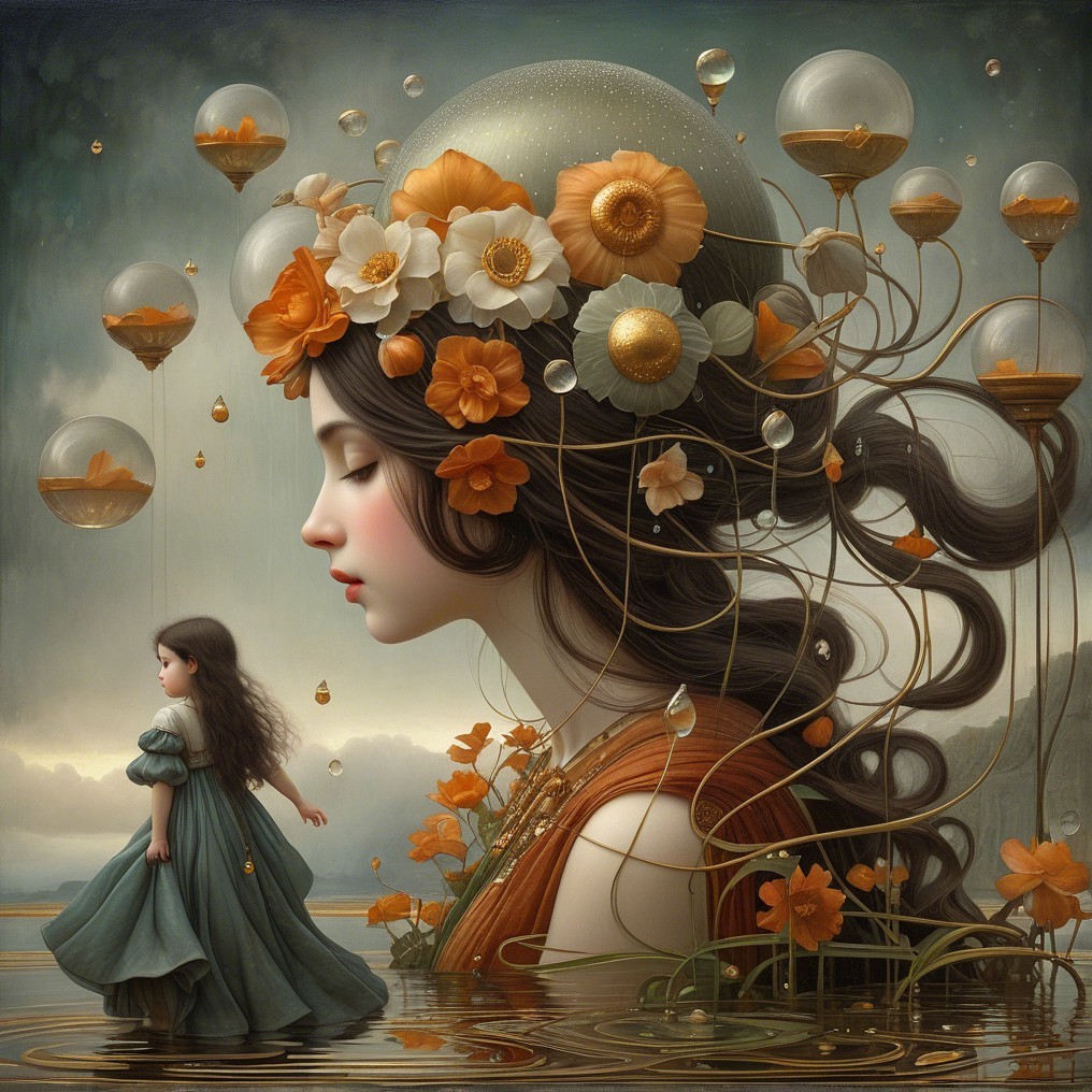 Serene Young Woman and Girl in Dreamlike Landscape
