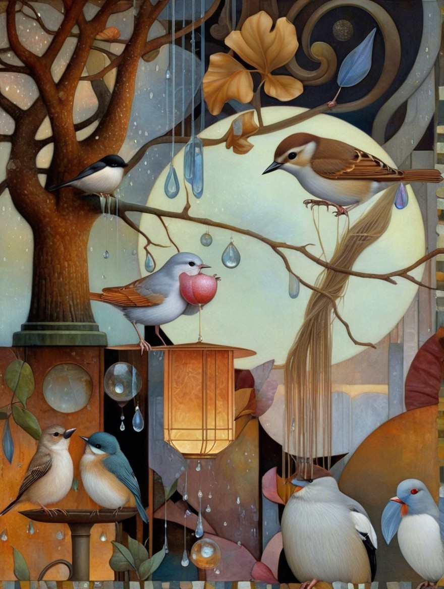 Whimsical Artwork of Birds and Moonlit Foliage