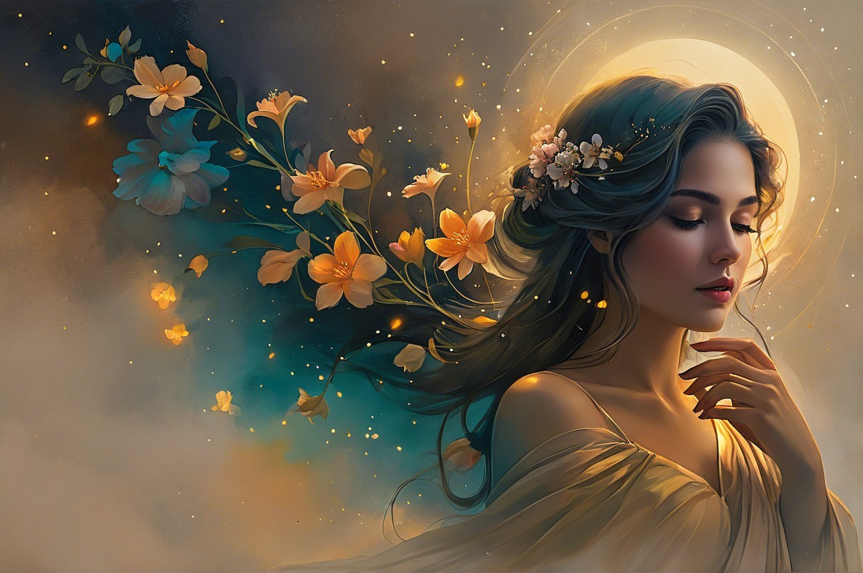 Serene Woman with Flowers in Dreamlike Atmosphere