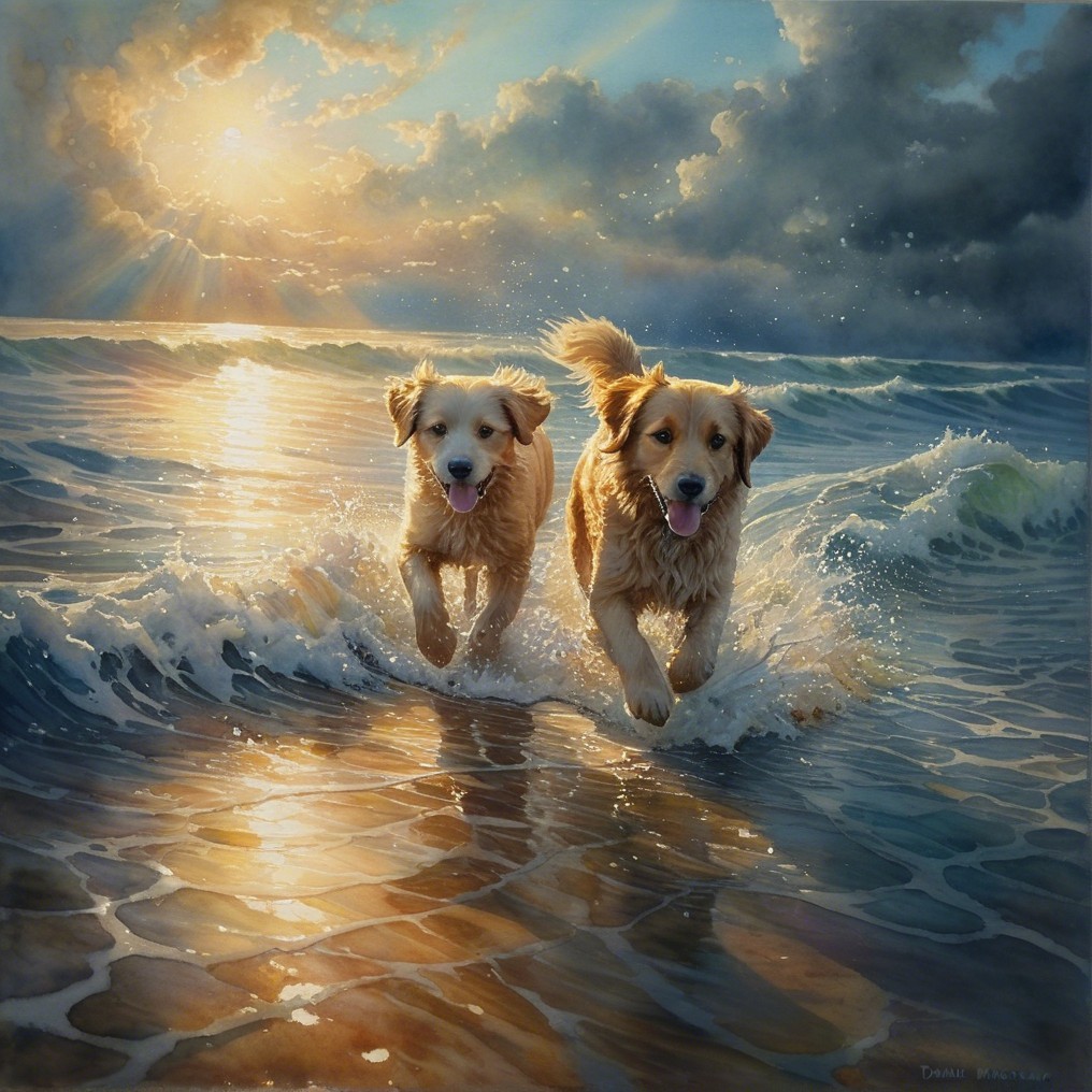 Golden Retrievers Running on a Beach with Waves