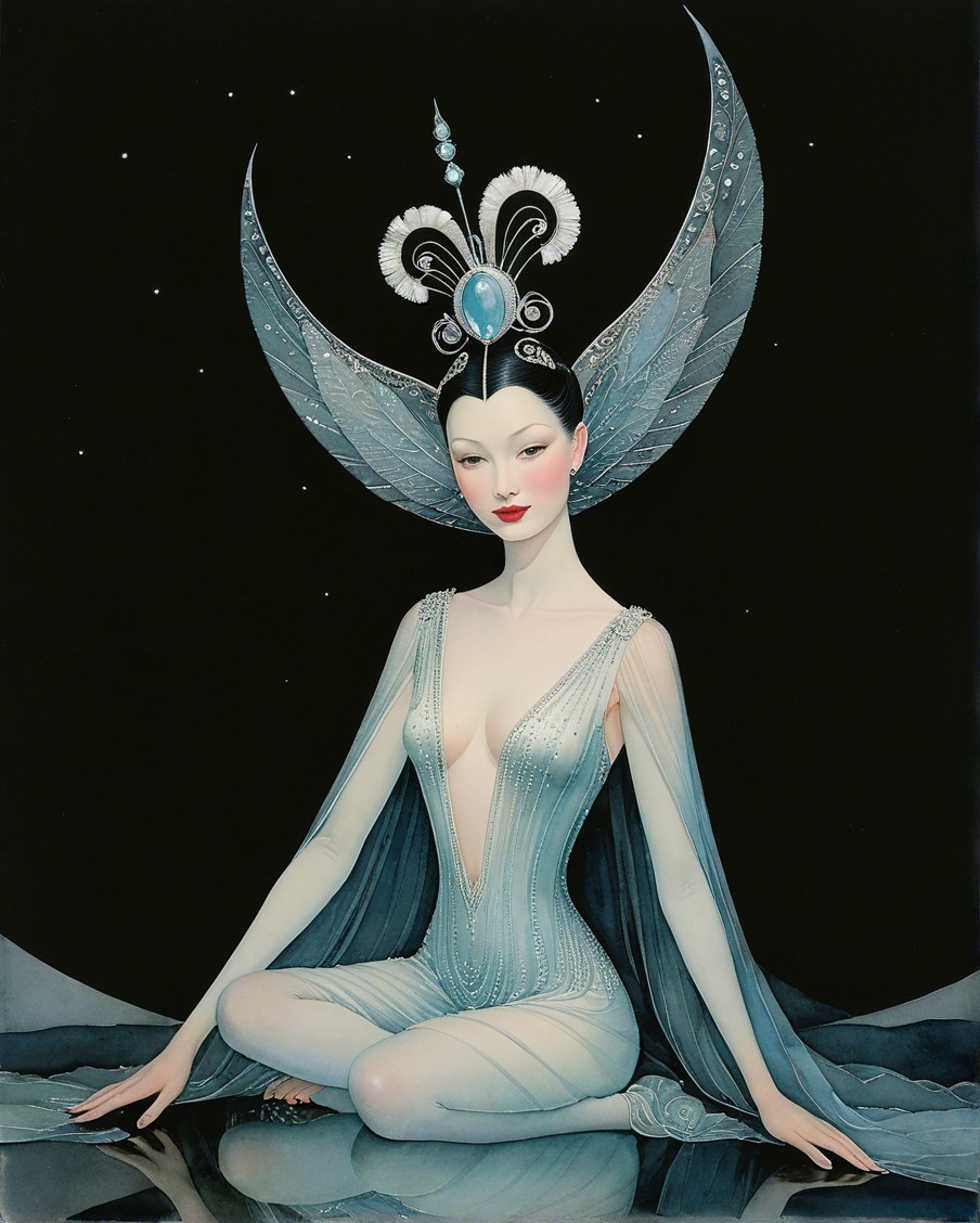 Ethereal Figure in Ice-Blue Gown with Headdress