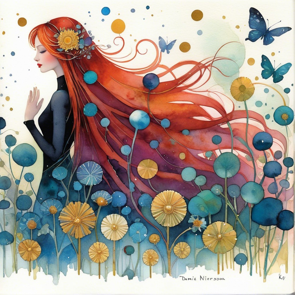 Serene figure with red hair and vibrant flowers