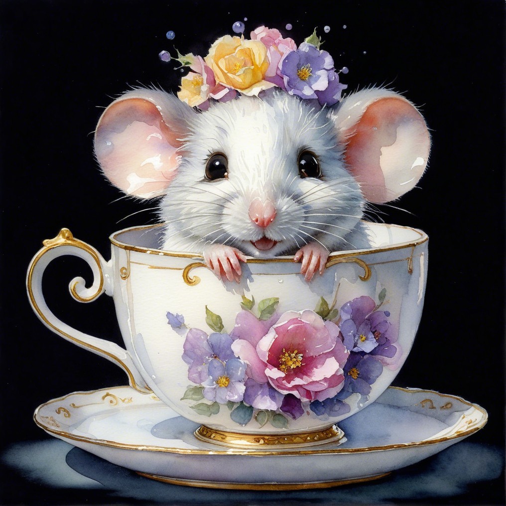 Mouse in Floral Teacup with Crown of Blossoms