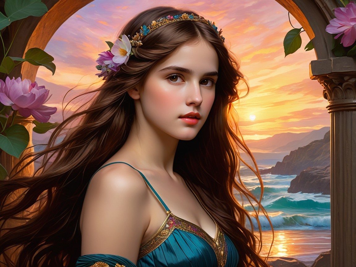 Young woman in teal dress by sunset archway
