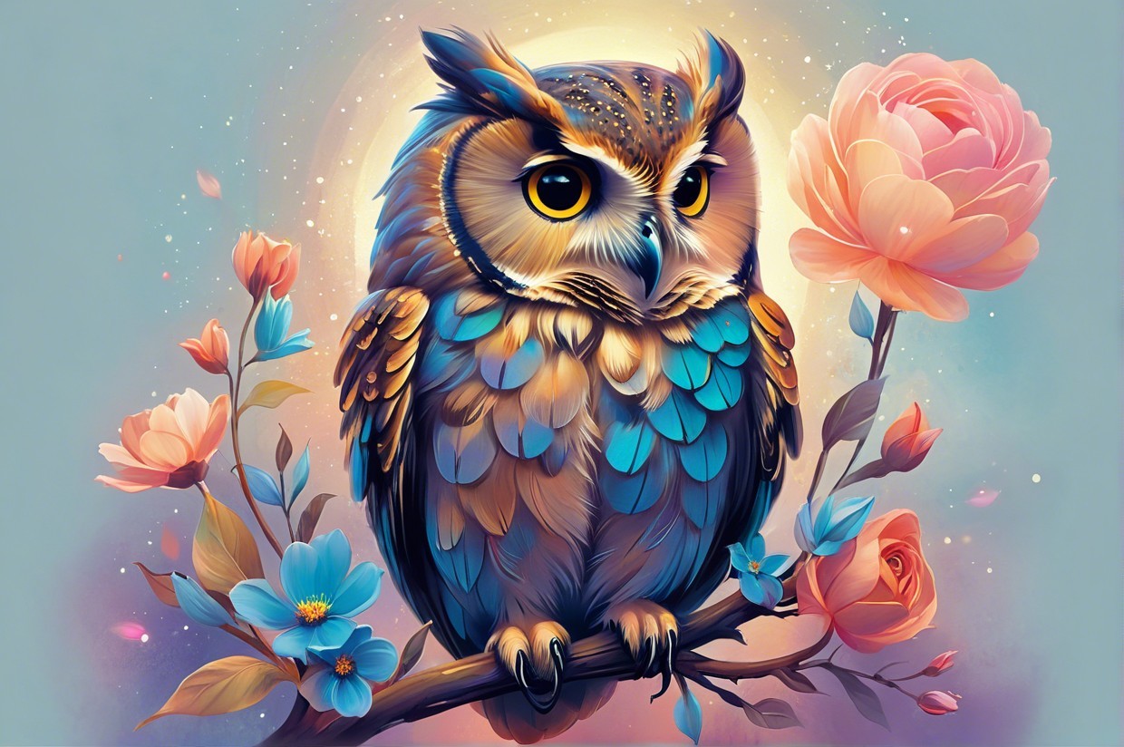 Illustration of a Colorful Owl on a Flowered Branch