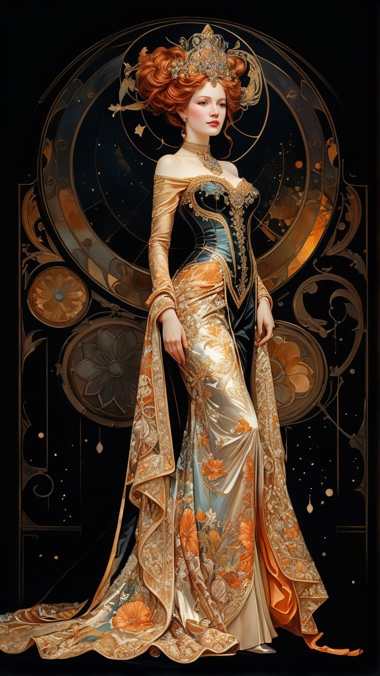 Regal figure in ornate gown with celestial backdrop