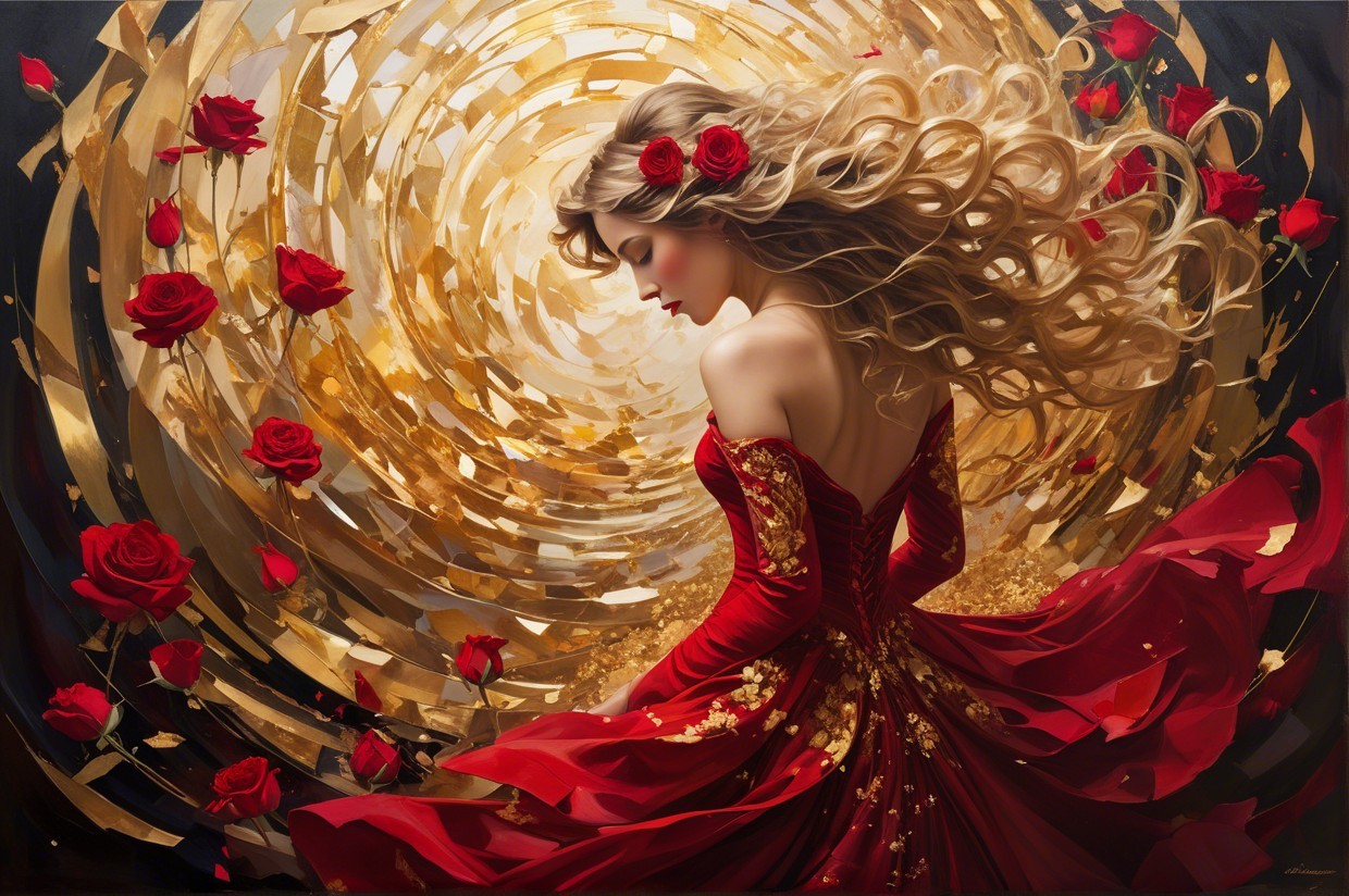 Elegant figure in red gown amidst golden patterns
